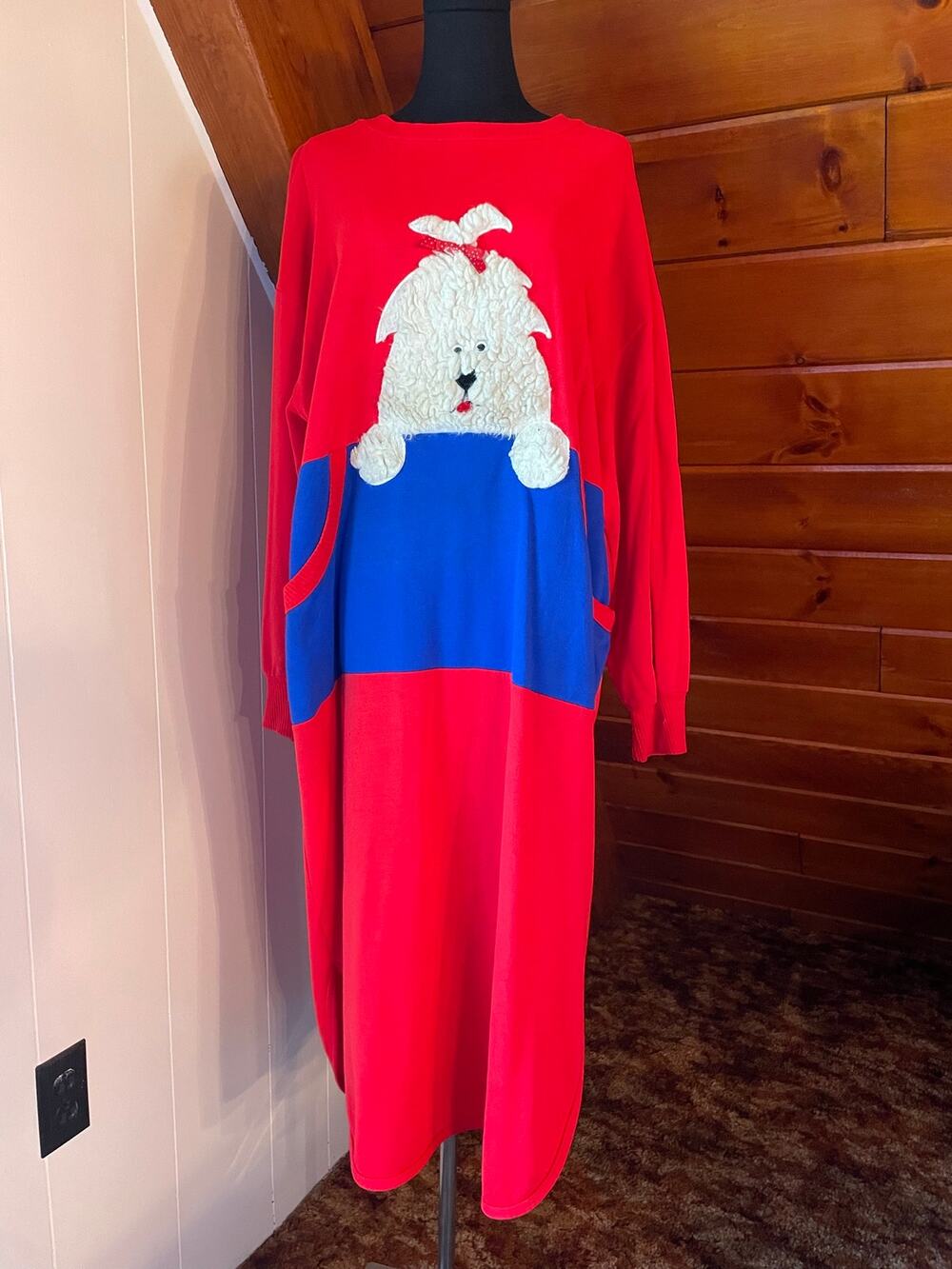 Vintage 80s Ugly Sweater Nightgown Dress with Fluffy Dog Grandmacore sz XL